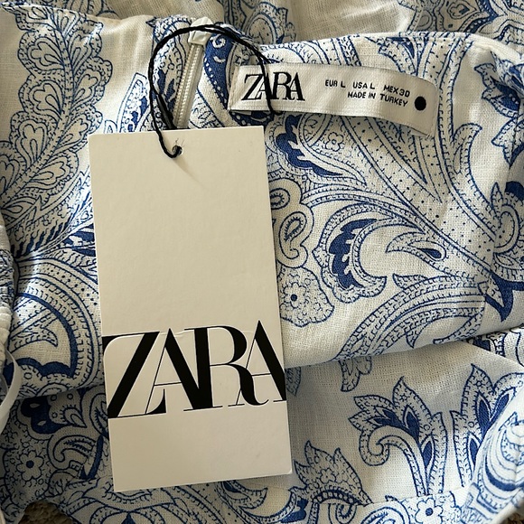 Zara NWT Blue/White Paisley Strap Cotton/Linen Babydoll Dress **Size L** 🌸🌸 - Picture 5 of 5
